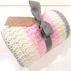 Blush and Cloud Crochet Baby Afghan Blanket, Soft Silky Yarn Pink Gray Cream